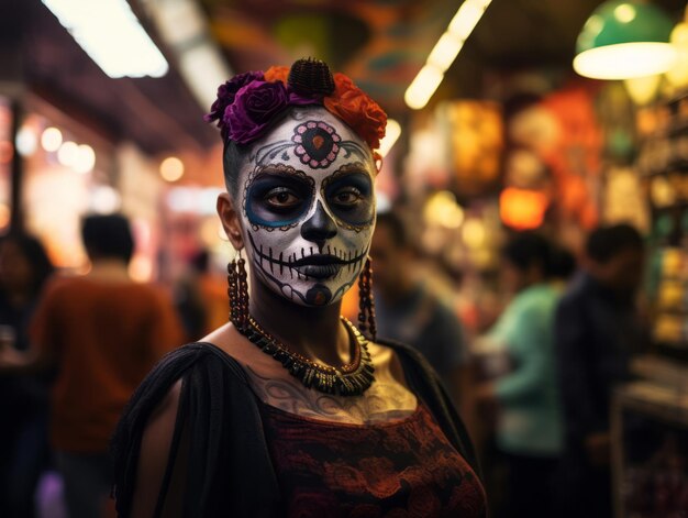 woman in vibrant calavera makeup celebrates the Day of Dead