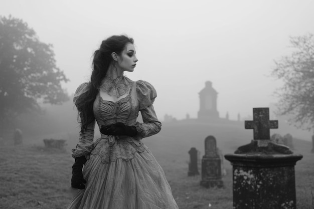 A Woman in a Victorian Dress Stands in a Foggy Graveyard