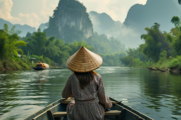 Woman in Vietnamese hat sitting in a riverboat