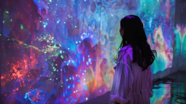 Photo woman viewing colorful abstract projection art in a modern gallery