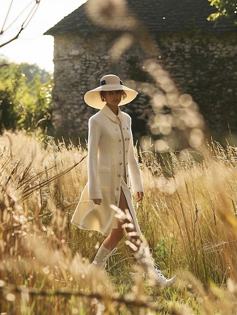 Photo a woman in a vintageinspired black dress and widebrimmed hat stands in a sunlit field near