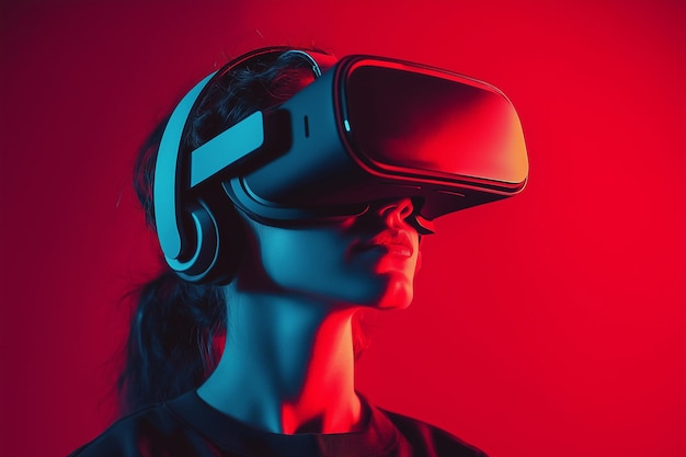 a woman in virtual reality glasses on a red neon background