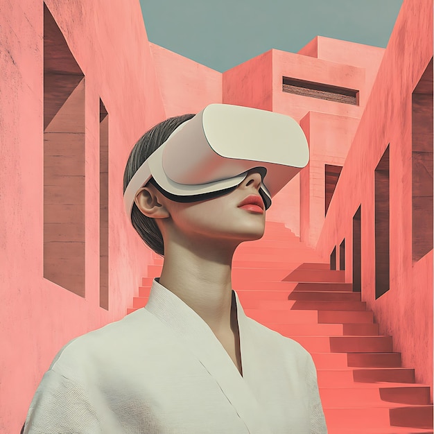 Photo woman in virtual reality headset in abstract architectural setting