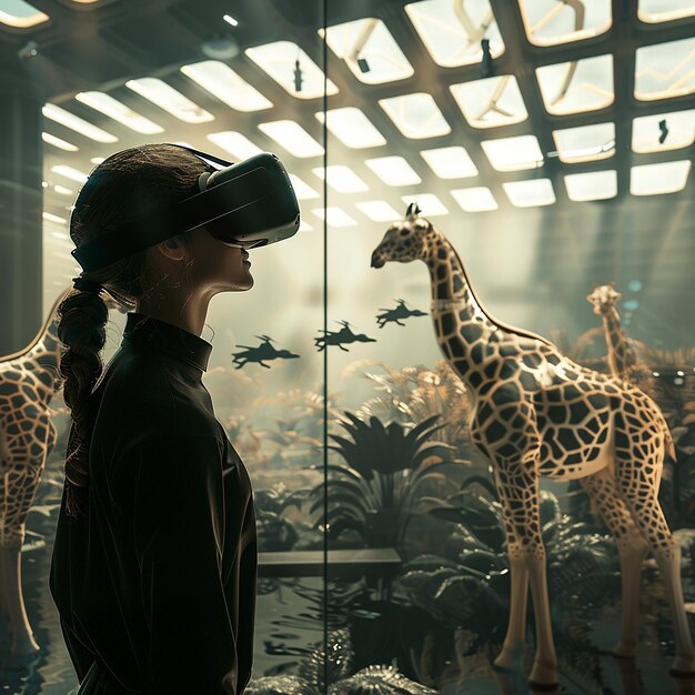 Photo a woman in a virtual reality headset looks at a giraffe