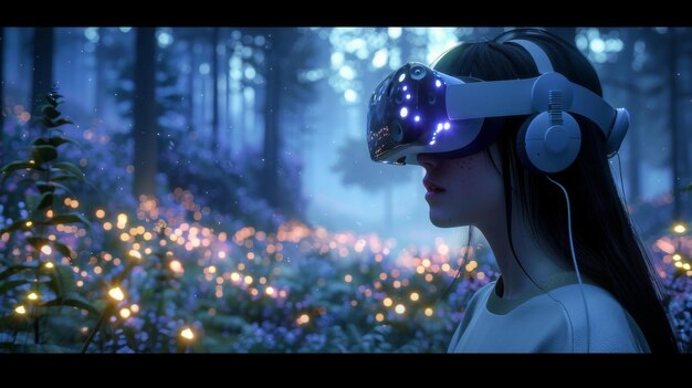 Photo woman in virtual reality headset in mystical forest