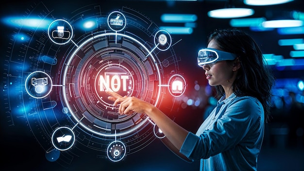 a woman in virtual reality holds a sign that says not not