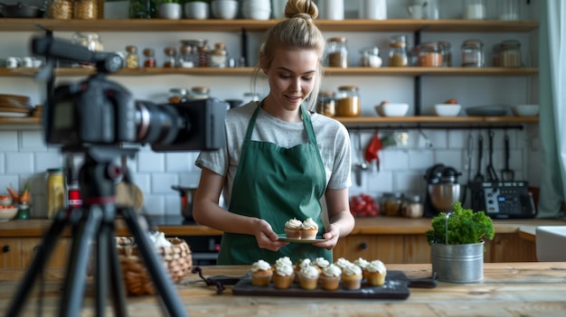 Photo woman vlogging baking cupcakes