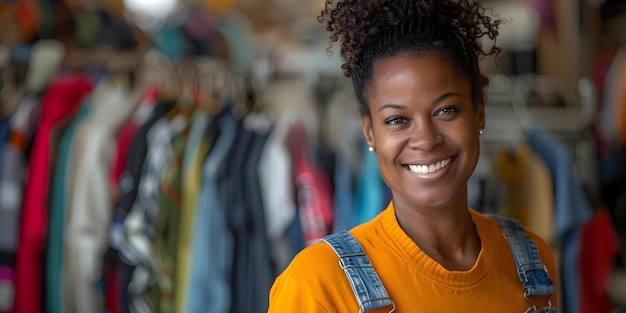 Woman volunteering at thrift store selling sustainable clothes Concept Sustainable Fashion Thrift Store Volunteer Work Woman Empowerment