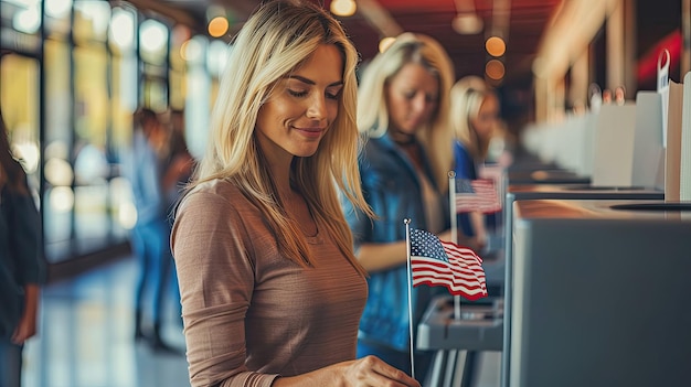 Woman voting with an American flag in the foreground