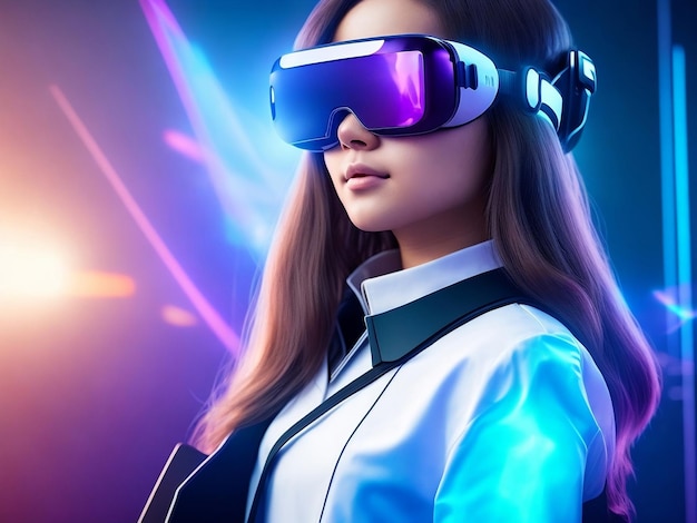 Woman in VR glasses in neon space virtual reality glasses