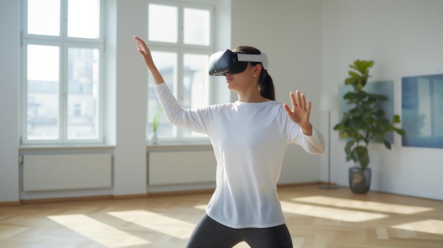 Photo woman in vr glasses playing video games or fitness and yoga with virtual reality headset