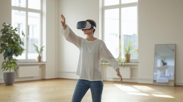 Photo woman in vr glasses playing video games or fitness and yoga with virtual reality headset