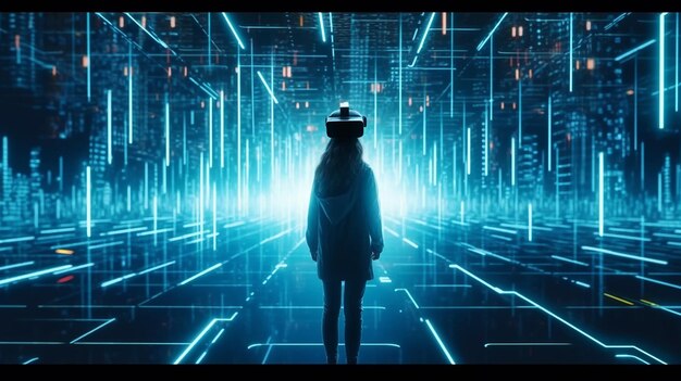 Photo woman in vr glasses virtual reality headset walking through metaverse in cyber digital world night