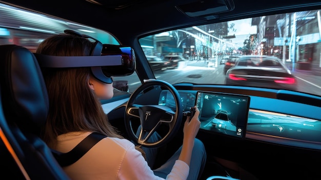 Photo woman in a vr headset driving a car at night