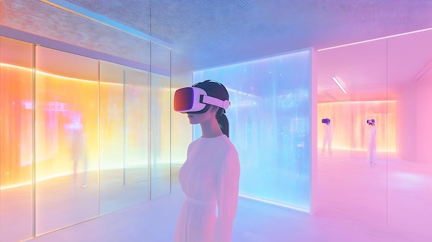 Photo woman in vr headset exploring a futuristic colorful world