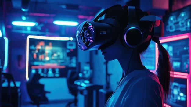 Woman in VR Headset Immersed in a Virtual World