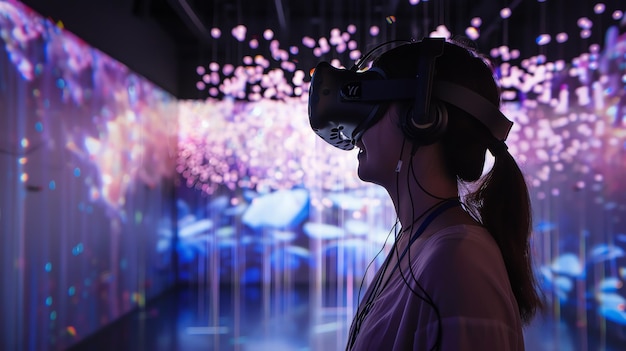 Woman in a VR headset looking at a digital art installation