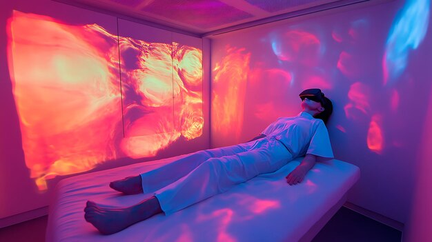 Photo woman in vr headset lying on bed in a room with colorful light projections