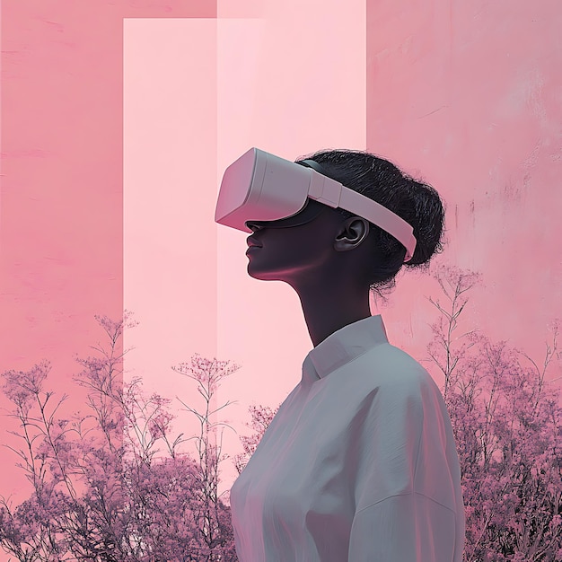 Photo woman in vr headset in a pink surreal landscape