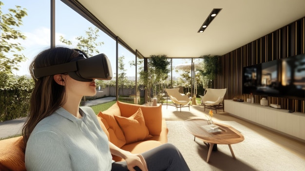 Woman in VR Headset Relaxing on a Modern Couch in a Bright Living Room