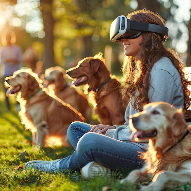 Photo a woman in vr headset sits in grass surrounded by dogs