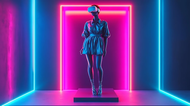 Photo woman in a vr headset standing on a platform in a neon lit room