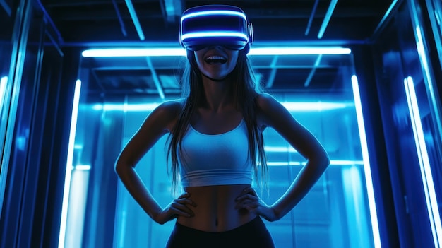 Woman in VR Headset with Neon Lights