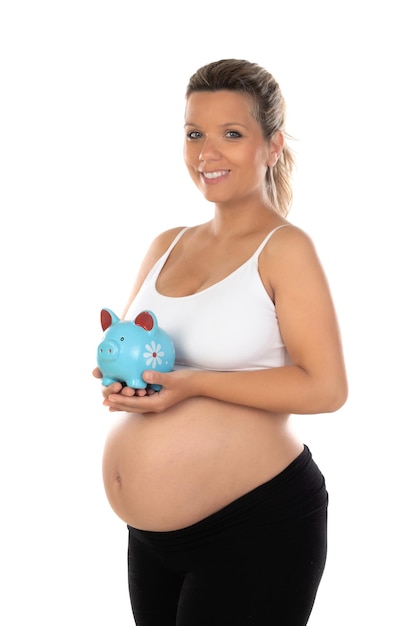 Woman waiting for baby holding a moneybox