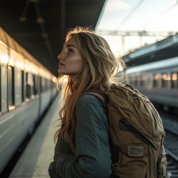 Photo woman waiting on platform as train approaches