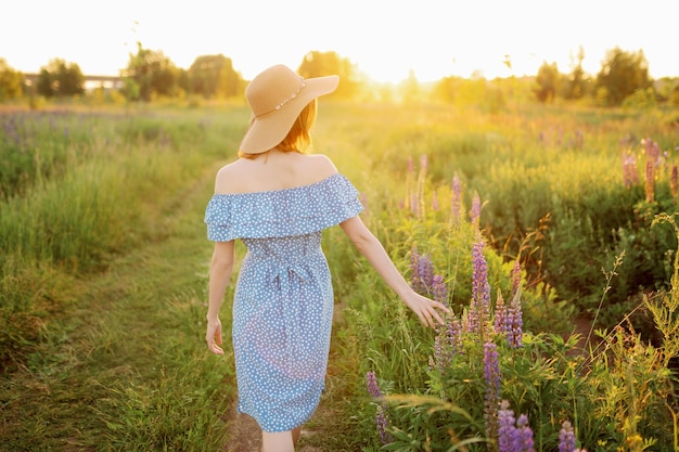 A woman walk the field touches the lupines with her hand and looks at the sunset