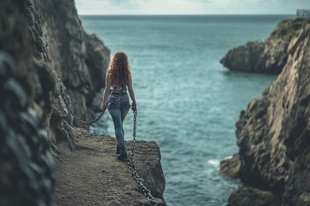 Woman Walking Along Cliff Next to Ocean