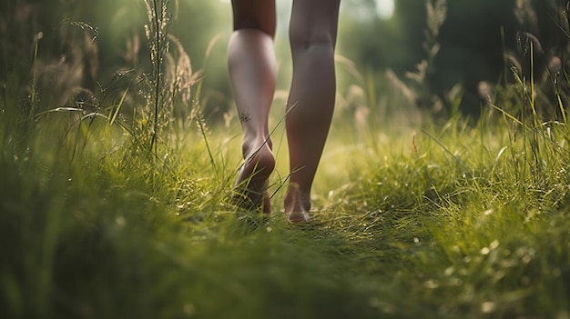 Woman walking barefoot on the grass Generative AI