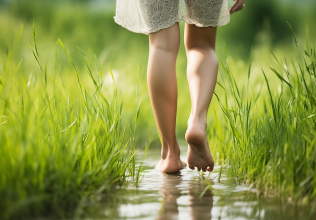 Woman walking barefoot on green grass outdoors closeup