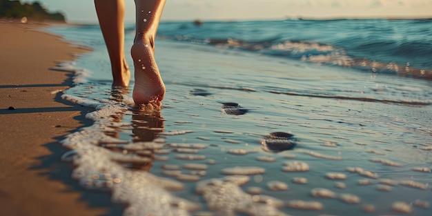 Woman Walking Barefoot on Sandy Beach at Sunset