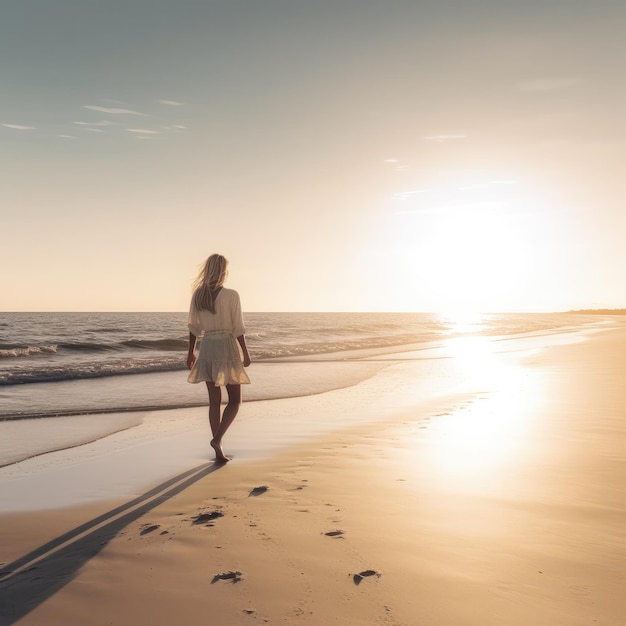 A woman walking on the beach at sunset