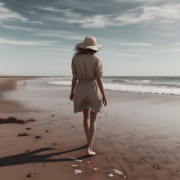 A woman walking on a beach wearing a hat and a dress.