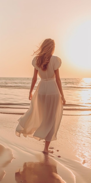 A woman walking on a beach wearing a white dress