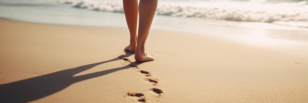 A woman walking on the beach with her feet in the sand