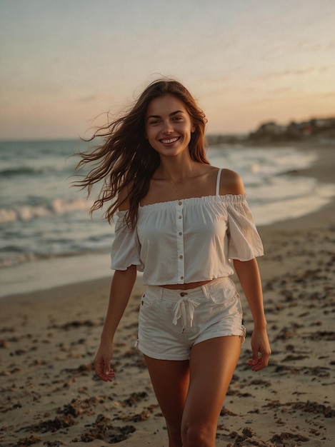 a woman walking on the beach with her hair blowing in the wind