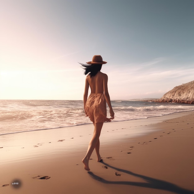 A woman walking on the beach with the sun shining on her hat.