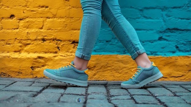 Photo woman walking on cobblestones in blue and yellow urban setting