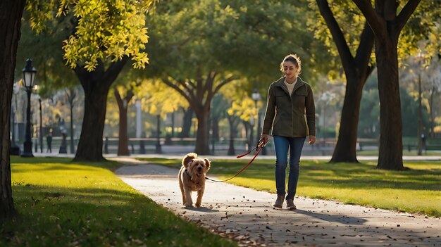 Photo a woman walking a dog with a leash on it