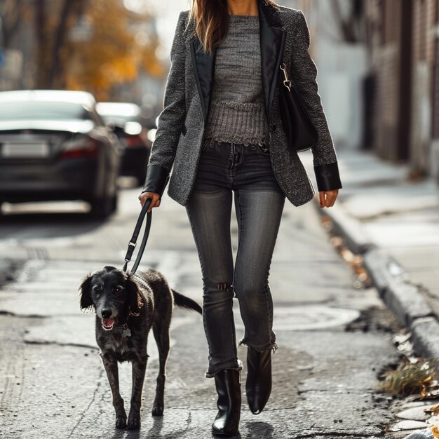 Photo a woman walking a dog with a leather jacket on