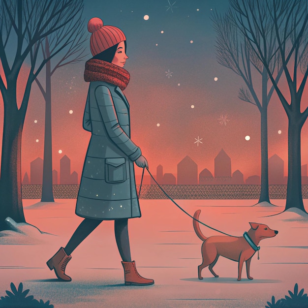 Photo a woman walking a dog with a winter coat on