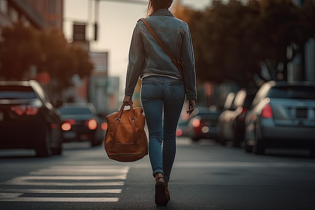 A woman walking down a city street with a bag