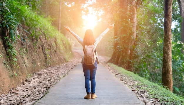 Woman Walking Down Path With Arms Outstretched