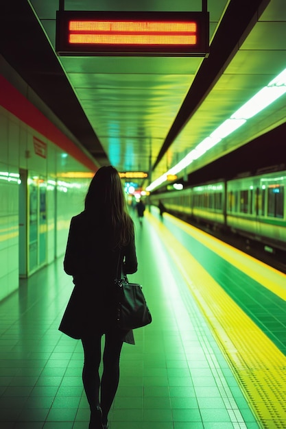 a woman walking down a platform