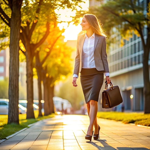 a woman walking down a sidewalk in the sun