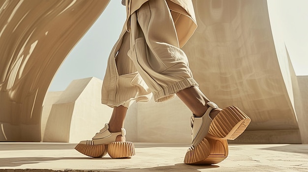 A woman walking down a sidewalk wearing a beige outfit and platform shoes