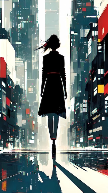 A woman walking down the street in the city movie poster background